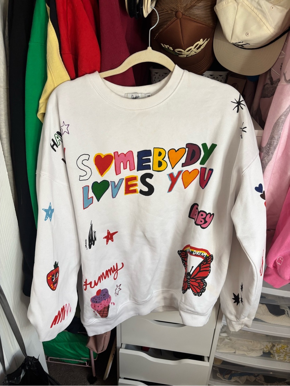 Graphic Crewneck Sweatshirt in White with Multicolor Lettering
